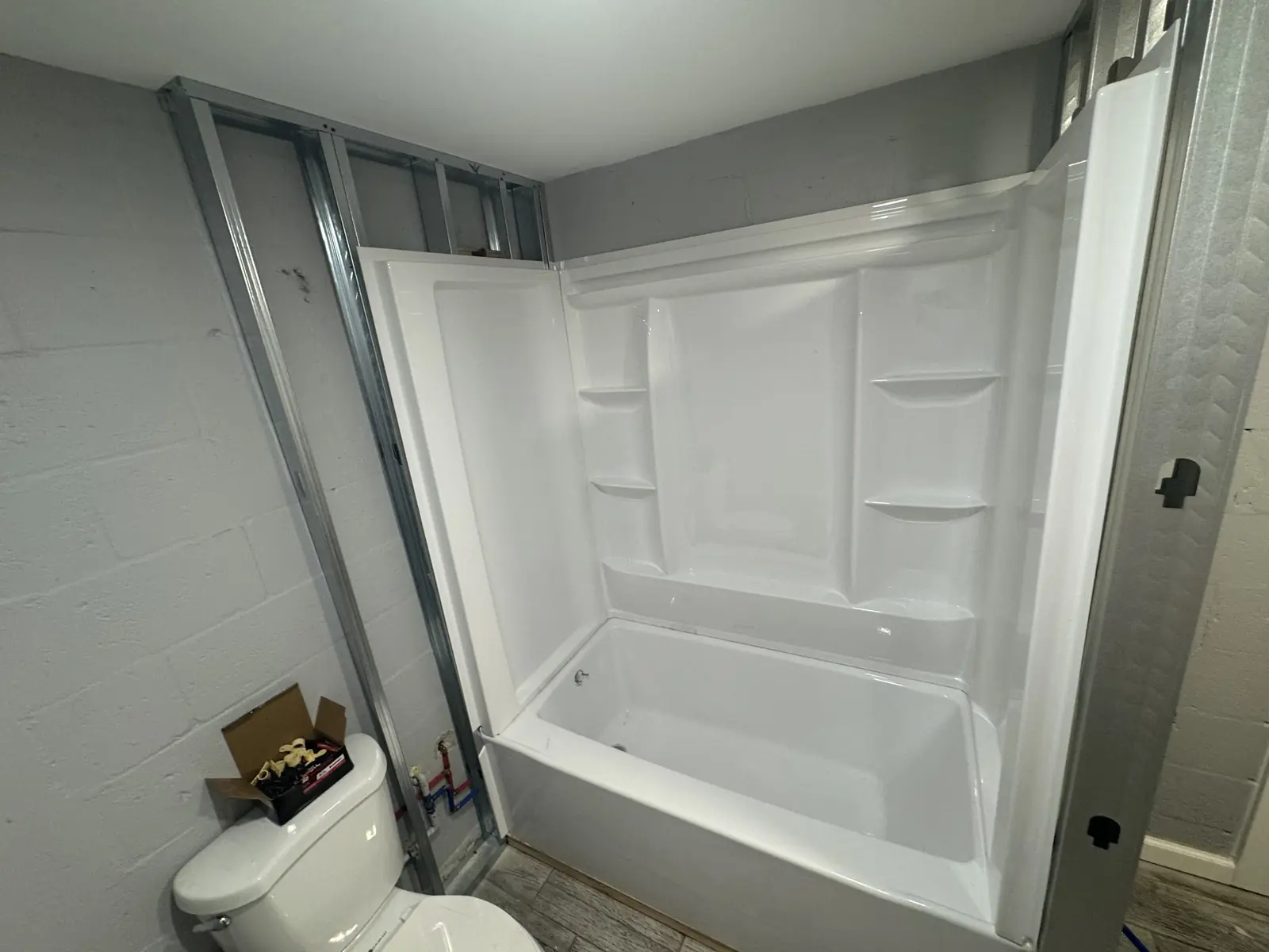 Tub and shower surround set during a bathroom remodel
